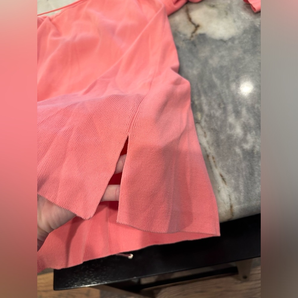 EUC BCBGMAXAZRIA Peachy Pink Sweater Dress Cutout Neck Detail w/ Tie at Waist - Picture 13 of 14